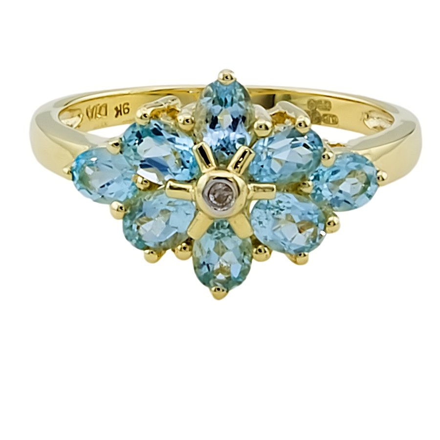 9ct Gold Blue Topaz / Diamond Cluster Ring size N